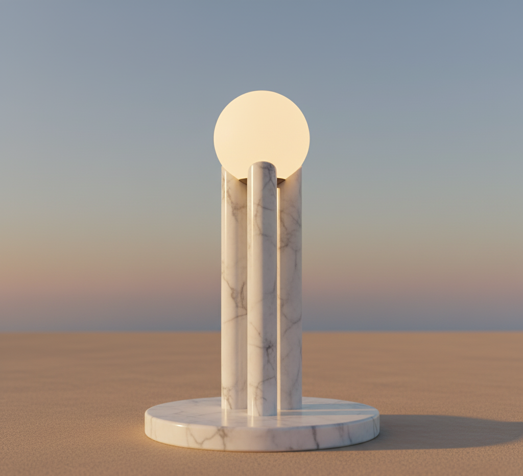 Three pillars supporting a glowing sphere